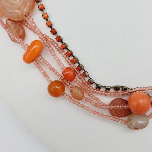 Multi Strand Beaded Choker/Collar Necklace Coral Orange Glass & Seed Beads - Picture 3 of 6